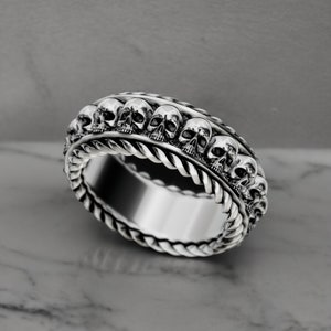 Thick Ring with Skulls 925 Sterling Silver, Bold Gothic Jewelry for Men and Women, Handmade Detailed Skull Design, Perfect Statement Ring