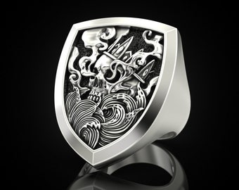 King Skull Shield Ring für Männer, einzigartiger Gothic Herrenring aus oxidiertem Silber, Anarchist Punk Ring für Freund, Bester Freund Ring