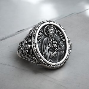 Saint Peter Apostle Keys to Heaven Shield Christian Signet Ring, 925 Sterling Silver, Catholic Faith Symbol, Mens Womens Unisex Ring