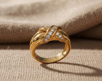 Wide Diamond X Ring 925 Sterling Silver Gold Vermeil Criss Cross Statement Band for Women Chic Crossover Jewelry