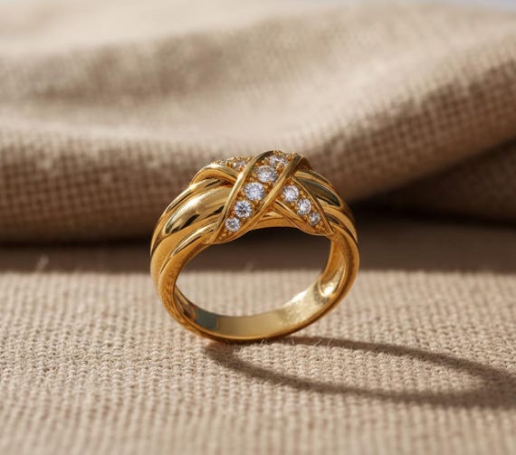 Wide Diamond X Ring 925 Sterling Silver Gold Vermeil Criss Cross