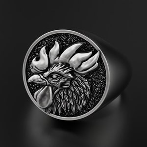 Rooster Handmade Sterling Silver Men Signet Ring, Cockerel Animal Signet Ring, Rooster Silver Engraved Ring, Cockerel Silver Men&#39;s Jewelry