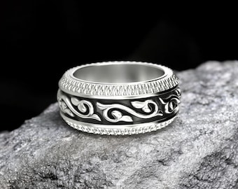 Massive 925 Sterling Silver Ring, Wide Band Statement Ring, Chunky Patterned Silver Ring, Unisex Bohemian Jewelry, Boho Textured Ring