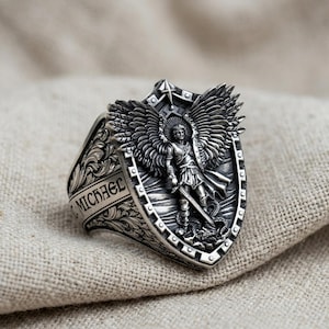 Ring Saint Archangel Michael Dragon Wings Inscription 925 Sterling Silver Adjustable Unique Design Handmade Religious Jewelry Gift for Him