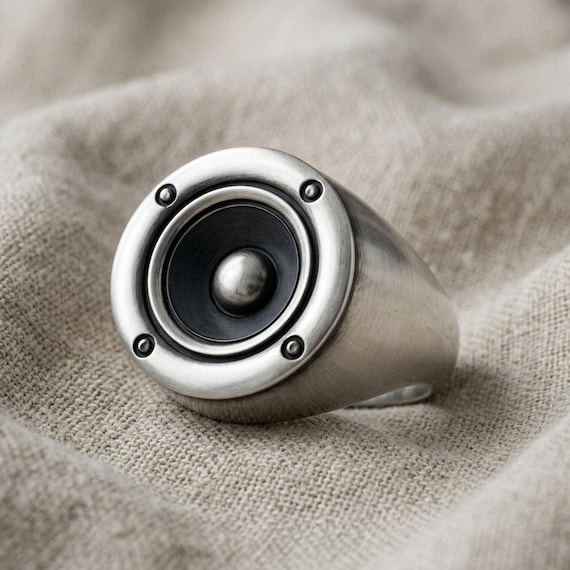 Speaker Ring 925 Sterling Silver Unique Music Design Handmade Artisan Crafted Statement Jewelry for Music Lover Gift Audiophile Ring