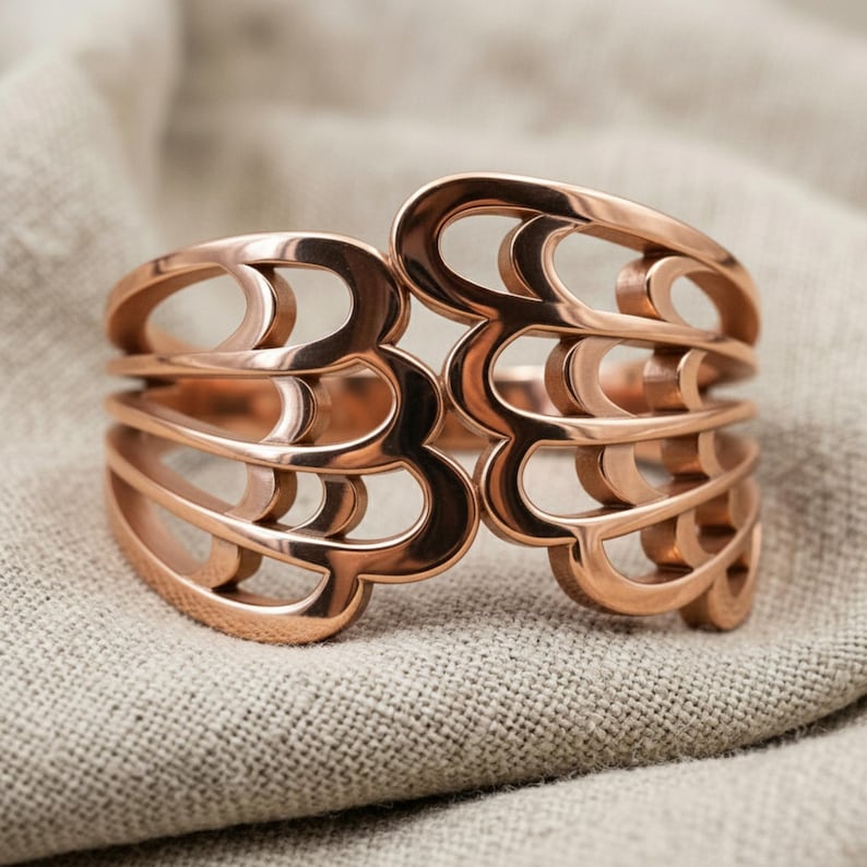 Embracing Angel Wing Ring, Rose Gold Plated 925 Sterling Silver Guardian Angel Statement Band, Handcrafted Fantasy Jewelry Rose Plated Silver