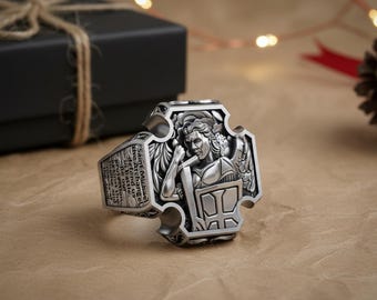 Saint Michael Archangel Ring 925 Sterling Silver Oxidized Finish Christian Prayer Signet Men's Guardian Angel Protection Jewelry