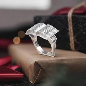 Open Book Ring 925 Sterling Silver Polished Finish Reader Jewelry Librarian Gift Graduation Statement Band Writer Accessory Unisex Polished Silver