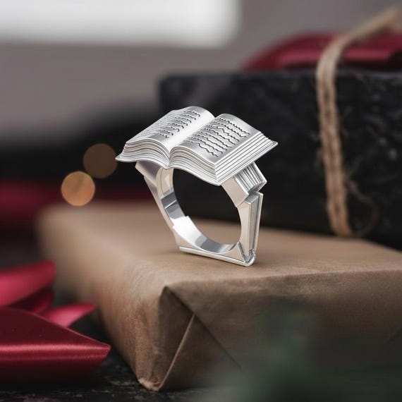 Open Book Ring 925 Sterling Silver Polished Finish Reader Jewelry Librarian Gift Graduation Statement Band Writer Accessory Unisex