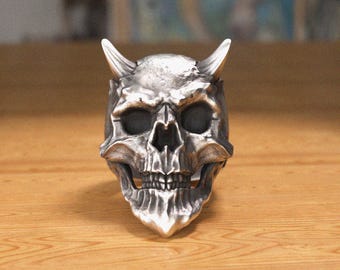 Horned Demon Ring in Sterling Silver, Gothic Ram Skull with Horns, Unique Biker Ring, Men’s Gift for Husband or Boyfriend, Gothic Jewelry
