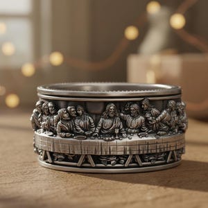 Könnte beinhalten: Ein silberfarbener Ring mit einer detaillierten Reliefskulptur des Letzten Abendmahls. Der Ring hat eine zylindrische Form, wobei die biblische Szene um das Band verläuft. Die Figuren sind aufwendig geschnitzt und zeigen die Apostel und Jesus an einem Tisch.