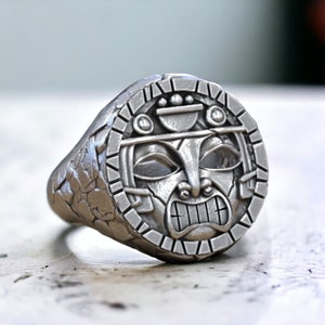 Ring Aztec Maya Mask Totem Mesoamerica 925 Sterling Silver Adjustable Unique Design Handmade Cultural Jewelry Gift for Him or Her