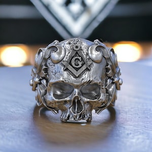 Classical Masonic Ring with a Skull 925 Sterling Silver, Unique Masonic Jewelry for Men and Women, Handmade Detailed Design