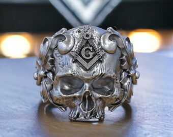 Classical Masonic Ring with a Skull 925 Sterling Silver, Unique Masonic Jewelry for Men and Women, Handmade Detailed Design