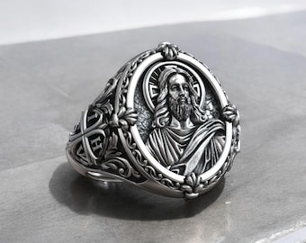 Jesus Christ Cross Ring, Christian Signet Ring, 925 Sterling Silver Religious Jewelry, Men's Women's Faith Ring, Catholic Orthodox Gift