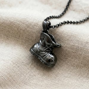 Tiny Combat Boot Pendant in 925 Sterling Silver, Black Rhodium Plated Work Shoe Necklace, Punk Grunge Biker Jewelry Gift