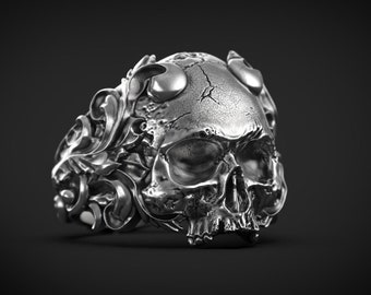 Caesar Skull Handmade Sterling Silver Men Biker Ring, Skull with Crown Gothic Ring, Skull Punk Ring, Skull Silver Men Jewelry, Ring for men