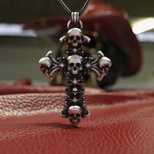 Skull Cross Pendant 925 Sterling Silver Necklace | Gothic Multiple Skulls Crucifix | Handcrafted Biker Rocker Jewelry Gift for Men
