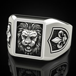 Lion Handmade Sterling Silver Men Signet Ring, Lion Animal Signet Ring, Leo Zodiac Sign Ring, Leo Astrology Signet Ring, Lion Silver Jewelry