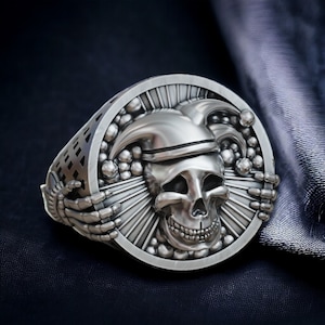 Ring Jester Jocker Clown Undead Skull 925 Sterling Silver Adjustable Unique Design Handmade Gothic Jewelry Gift for Him or Her