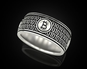 bitcoin ring, engraved Mens Ring, Cryptocurrency Gifts, Silver Coin Ring, 925k sterling silver wedding present engagement Currency ring