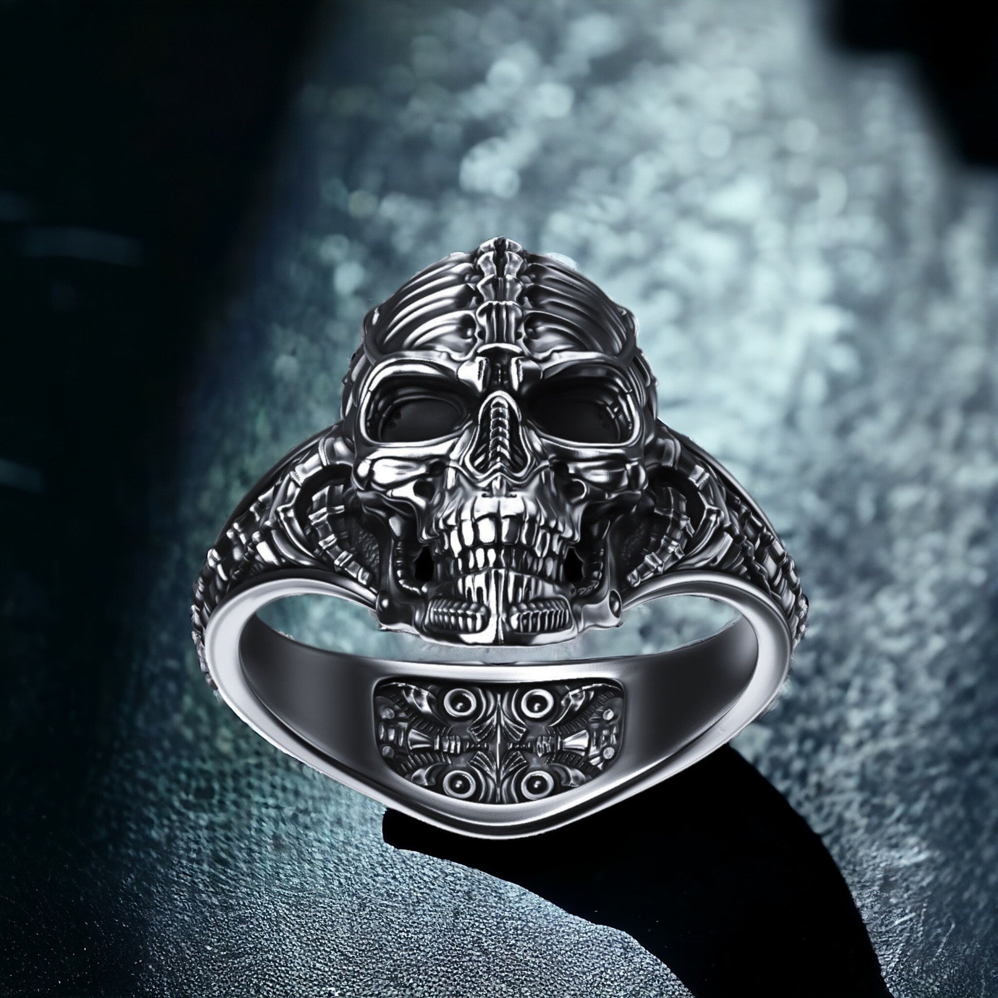 Biomechanical Skull Ring Silencer 925 Sterling Silver Adjustable
