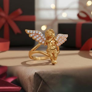 Cherub Angel Ring 925 Sterling Silver Rose Gold Finish Diamond Wing Religious Jewelry Spiritual Gift for Her image 4