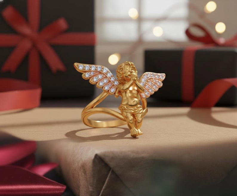 Cherub Angel Ring 925 Sterling Silver Rose Gold Finish Diamond Wing Religious Jewelry Spiritual Gift for Her image 4