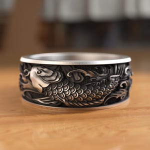 Carp and Waves Sterling Silver Koi Fish Ring, Japanese Nature Art Men’s Wedding Band, 925 Silver Anniversary Gift for Him, Best Friend Gift