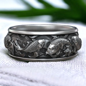 Carp Koi Fish Japanese Traditional Ornament Band 925 Sterling Silver Adjustable Unique Design Handmade Men's Jewelry Gift for Him or Her