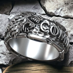 Wolf Winter Is Coming John Snow Fan Art Ring 925 Sterling Silver Adjustable Unique Design Handmade Fantasy Jewelry Gift for Him or Her