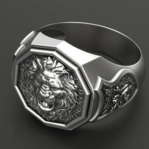 Wild Lion Handmade Sterling Silver Men Signet Ring, Lion Animal Signet Ring, Leo Zodiac Sign Ring, Leo Astrology Signet Ring, Lion Jewelry