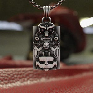 925 Sterling Silver Aztec Totem Pendant - Handcrafted Mayan Death God Necklace - Ancient Mexico Jewelry - Skull Amulet - Tribal Warrior Gift