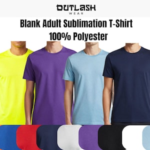 May include: A display of blank adult sublimation t-shirts in various colors, including yellow, purple, light blue, and navy. The shirts are made of 100% polyester. The image also shows a color palette of available shirt colors.