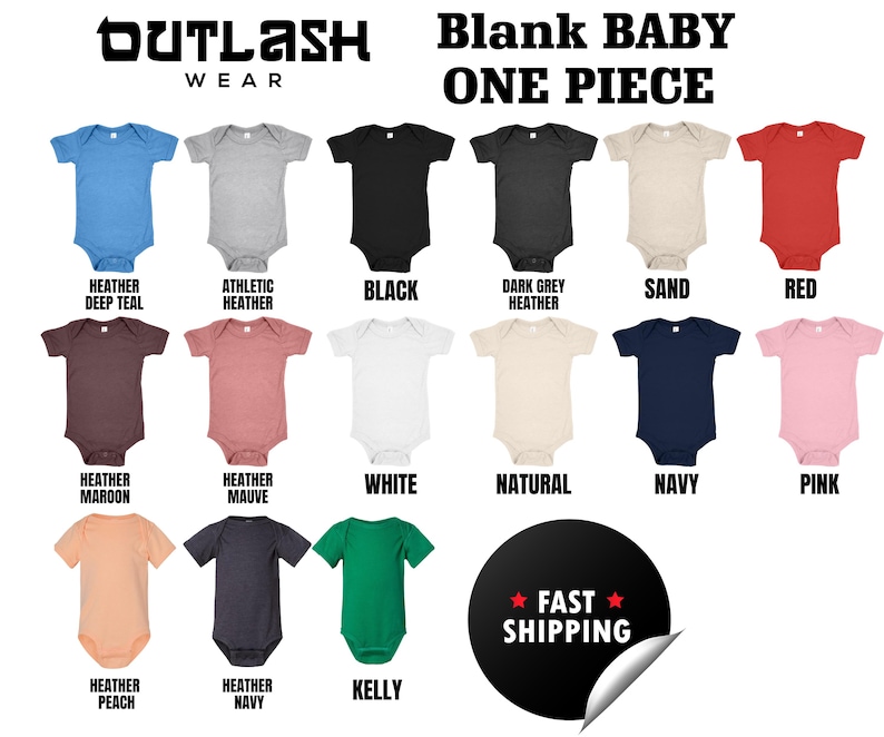 a baby bodysuit with different colors and sizes