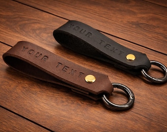 Leren sleutelhanger gemaakt van dik, hoogwaardig leer, handgemaakt met stevige onderdelen, gepersonaliseerde gravure met naam, tekst, datum, cadeau