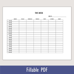 May include: A black and white weekly planner with a blank space for the week of. The planner has a column for each day of the week, Monday through Sunday. The planner has time slots from 5:00 AM to 10:00 PM.