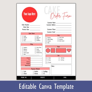 Bon de commande modifiable de gâteaux I Bon de commande imprimable pour les petites entreprises I Bon de commande personnalisé I Bon de commande de gâteaux personnalisé I Modèle Canva