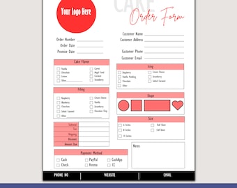 May include: A printable cake order form template with a red and white color scheme. The form includes sections for customer information, cake flavor, filling, icing, shape, size, payment method, and notes. The template is editable in Canva.