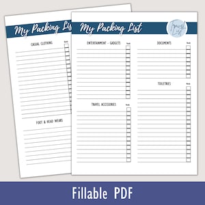 Packing List I Fillable PDF I Vacation Packing List
