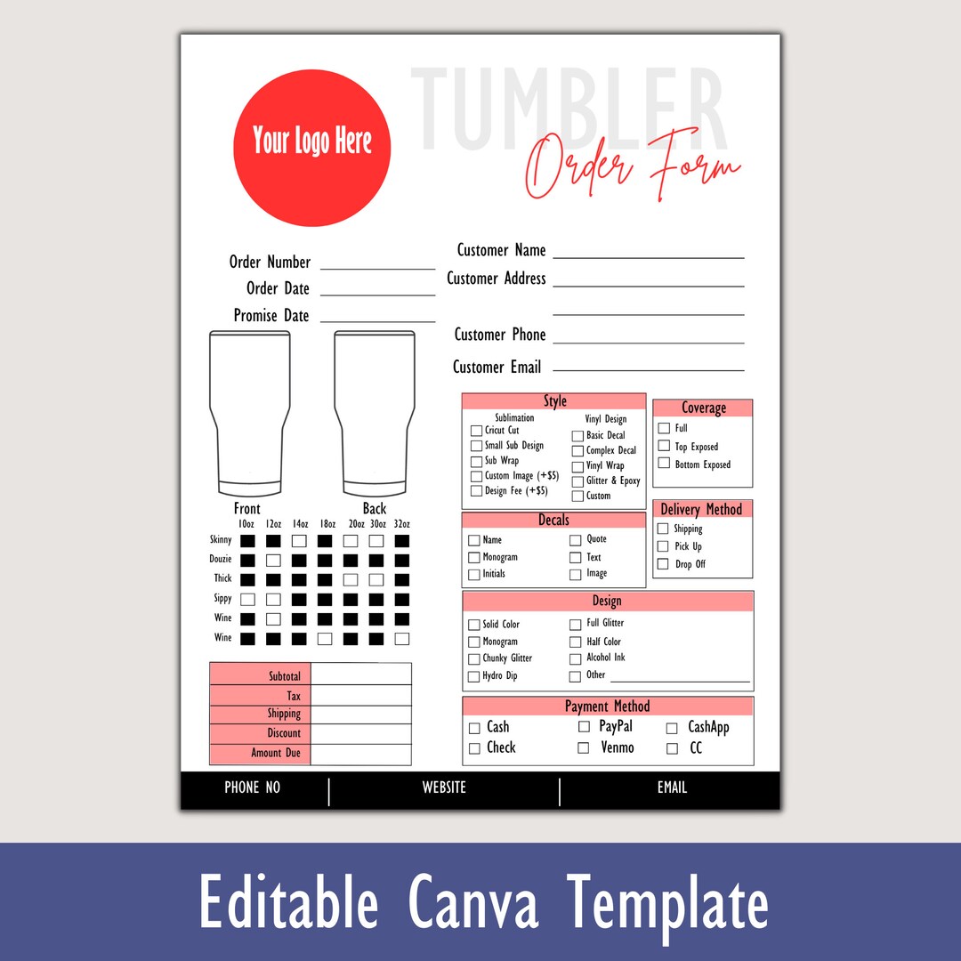Editable Tumbler Order Form I Printable Small Business Order Form I