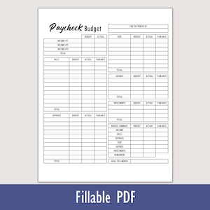 Paycheck Budget Template, Paycheck Budget, Printable Budget, Editable PDF with Calculations