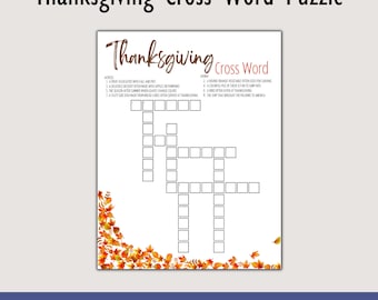 Puede incluir: Un crucigrama de Acción de Gracias imprimible con un borde de otoño de hojas naranjas y amarillas. El crucigrama tiene pistas horizontales y verticales, con una cuadrícula de 15 cuadrados. El texto "Thanksgiving Cross Word" está en la parte superior del crucigrama.