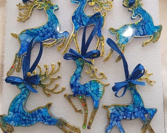 Handmade Glitter Resin Reindeer Christmas Ornaments - Set of 6