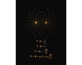Maxwell's Equations Poster, Electromagnetism Field Lines Art Print, Physics Art Print, Gold on Black Classroom Art, Physics Teacher Gift
