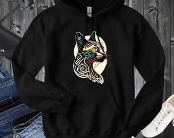 Coloured Cat Tattoo Design Hoodie - Modern Unisex Sweatshirt