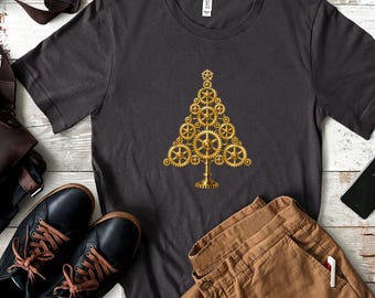 Gear Christmas Tree Shirt, Steampunk Engineer Christmas Tee, Mechanical Engineer Gift, Machinist Holiday T-Shirt, Gold on Black