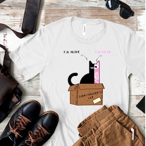 T-shirt gatto Schrödinger, fisica, morto, vivo, veleno, quantico, scatola