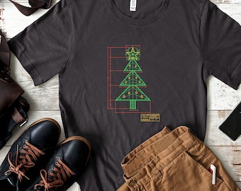 Blueprint Christmas Tree Shirt, Red and Green Technical Drawing Xmas Tee, Architect Christmas Gift, Engineer Holiday T-Shirt