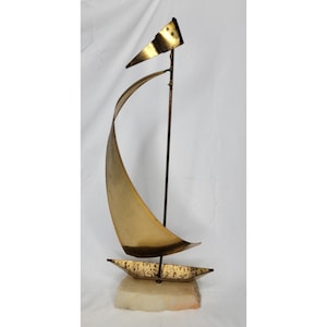 Vintage MCM Mid Century Sailboat Sculpture Brass on Stone Base 16” Tall